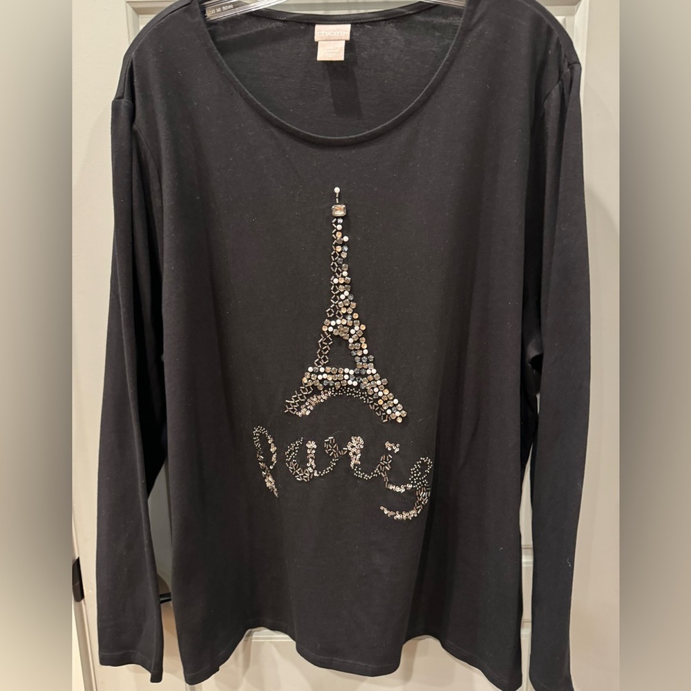 CHICO’S Black Paris Tunic with Rhinestone and Sequins.  Chicos Size 4 or XXL.